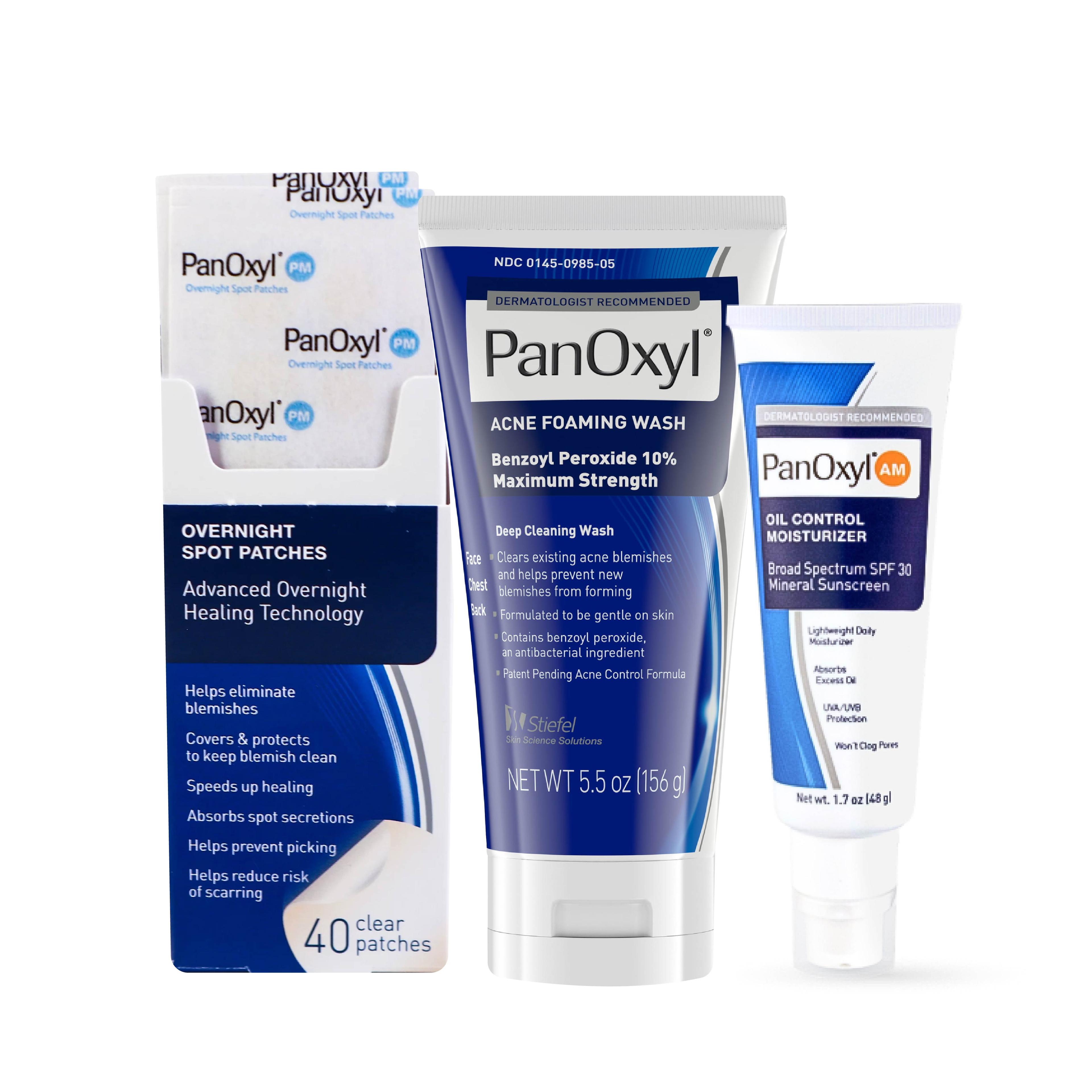 Panoxyl 3 pcs Bundle Set [ PanOxyl PM Overnight Spot Patches + PanOxyl Acne Foaming Wash Benzoyl Peroxide 10% Maximum Strength + PanOxyl AM Oil Control Moisturizer SPF 30 ]