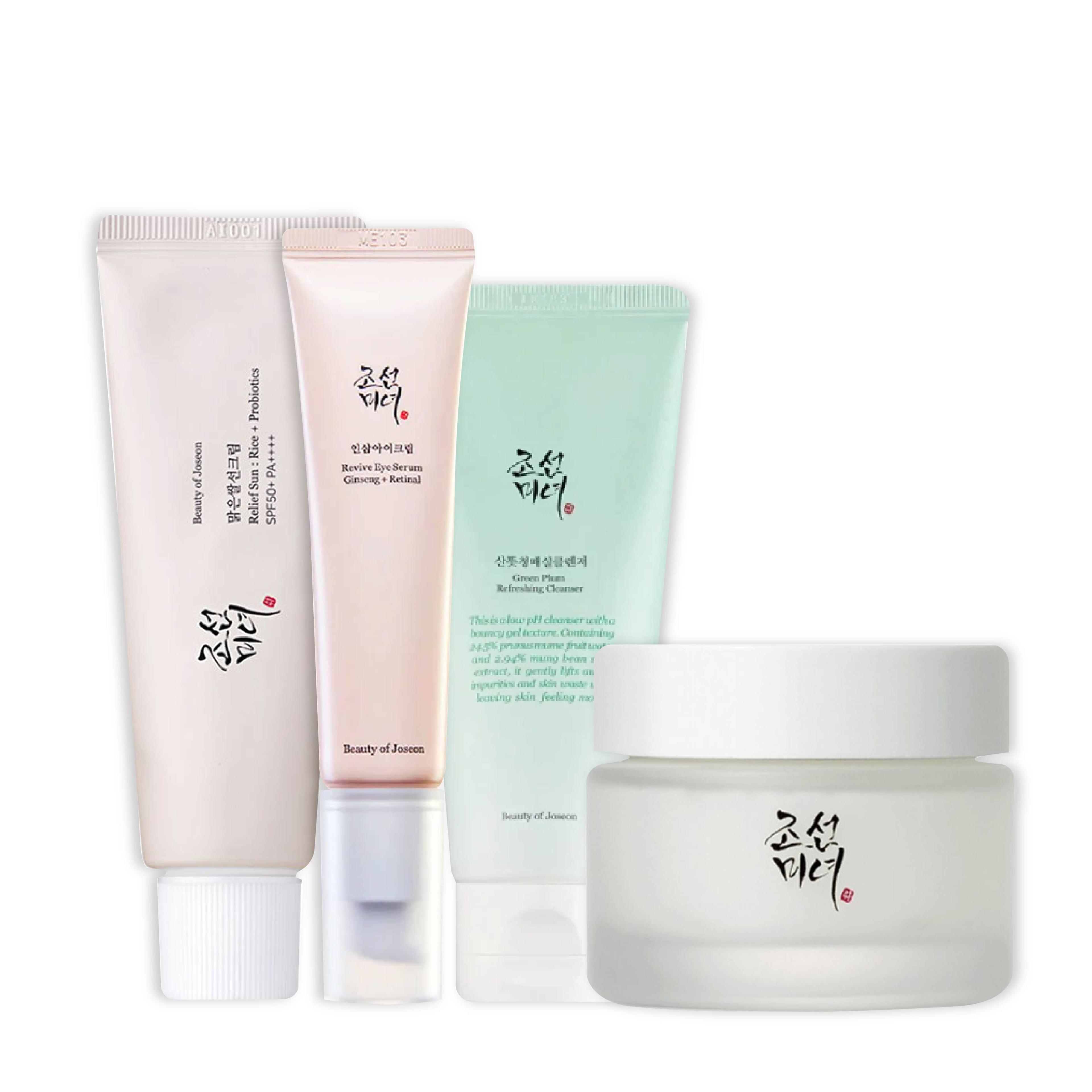 Beauty of Joseon 4 pcs Bundle Set [Relief Sun: Rice + Probiotics SPF50+ PA++++, Revive Eye Serum: Ginseng + Retinal, Green Plum Refreshing Cleanser, Dynasty Cream]