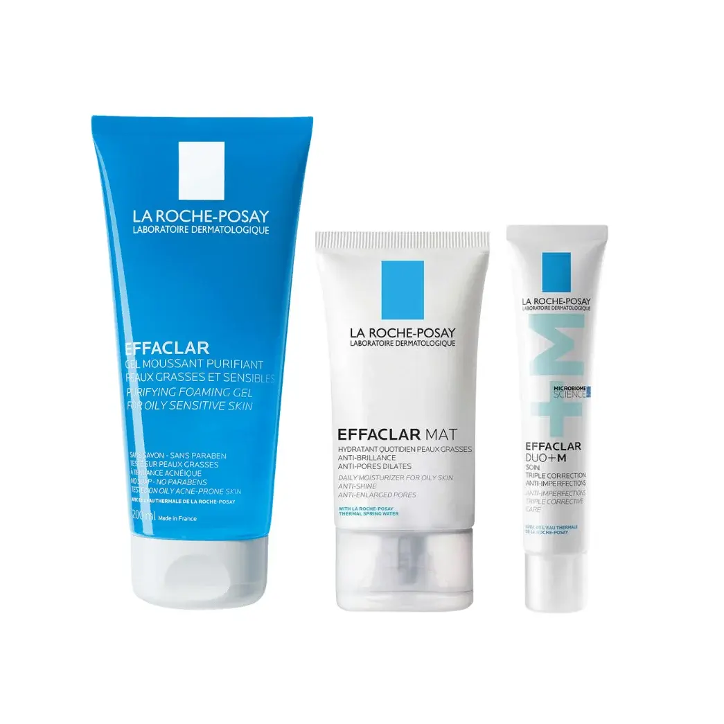 La Roche Posay Oil Control Bundle (La Roche Posay Effaclar Purifying Foaming Gel Cleanser) + (La Roche Posay Effaclar Mat Mattifying Moisturizer) + (La Roche Posay Effaclar Duo+M)