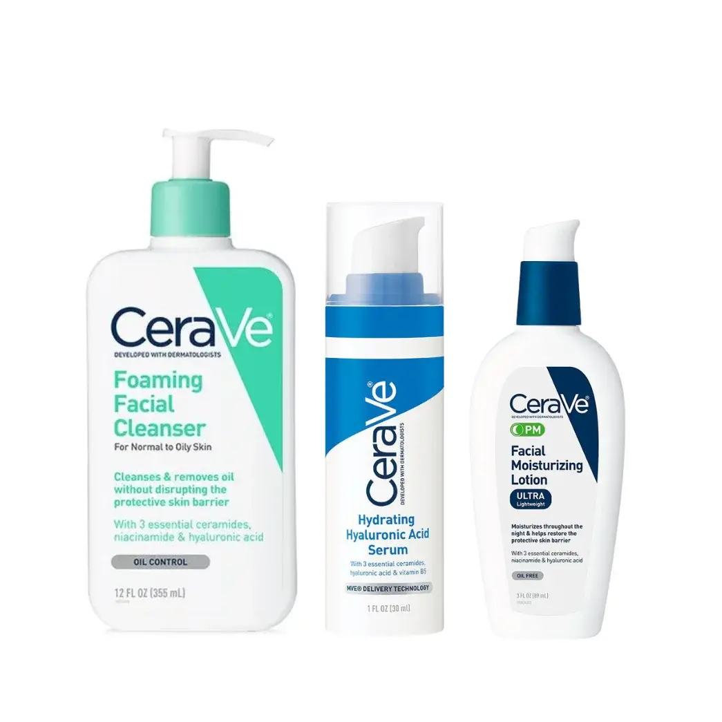 Cerave  Best Sellers Bundle (Cerave Foaming Facial Cleanser For Normal to Oily Skin 355ml)+(CeraVe Hydrating Hyaluronic Acid Serum)+(Cerave PM Facial Moisturizing Lotion 89ml)