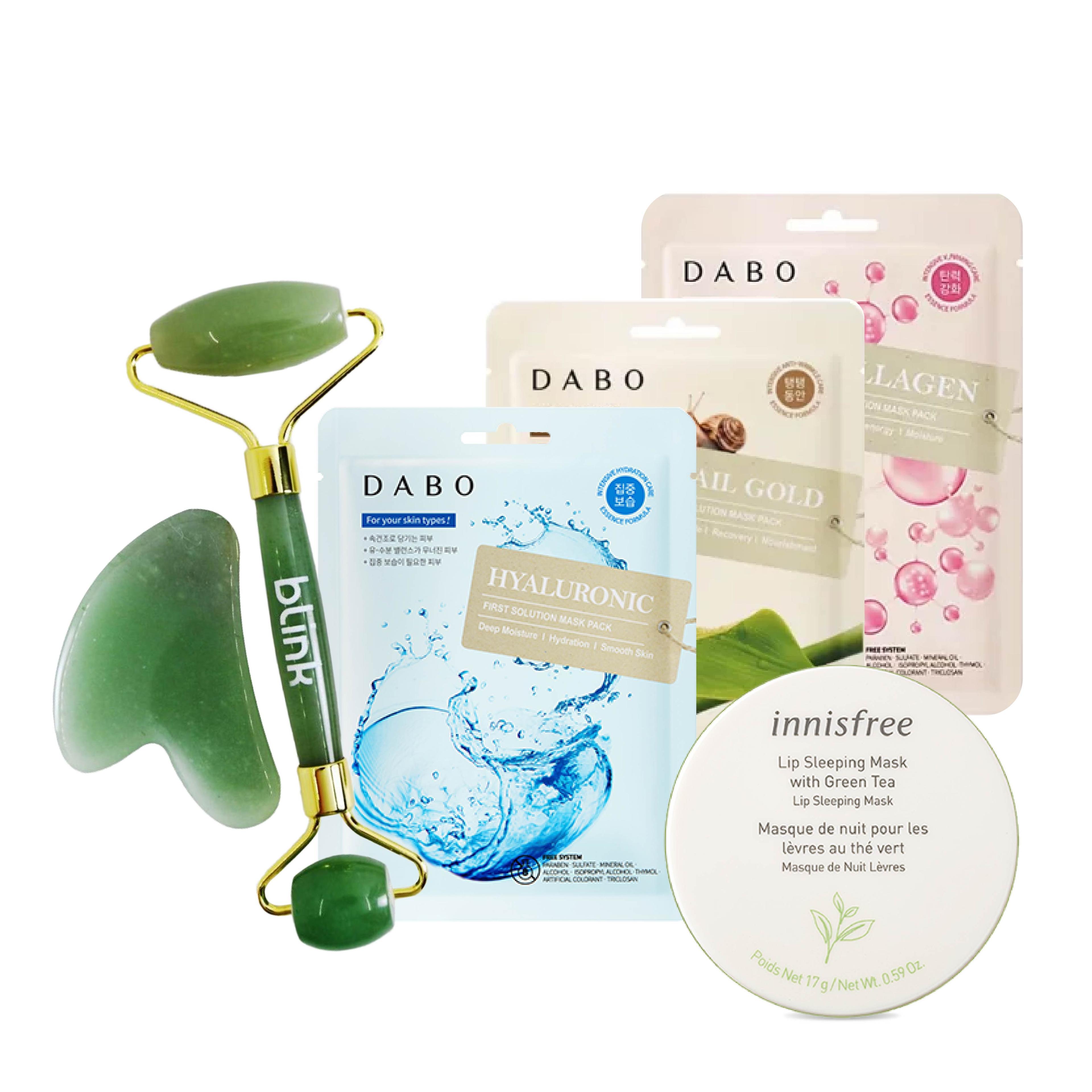 Gift Bundle #13 [Green Aventurine Jade Facial Roller with Gua Sha, First Solution Mask-COLLAGEN, First Solution Mask-SNAIL GOLD, First Solution Mask-HYALURONIC,  Lip Sleeping Mask with Green Tea]