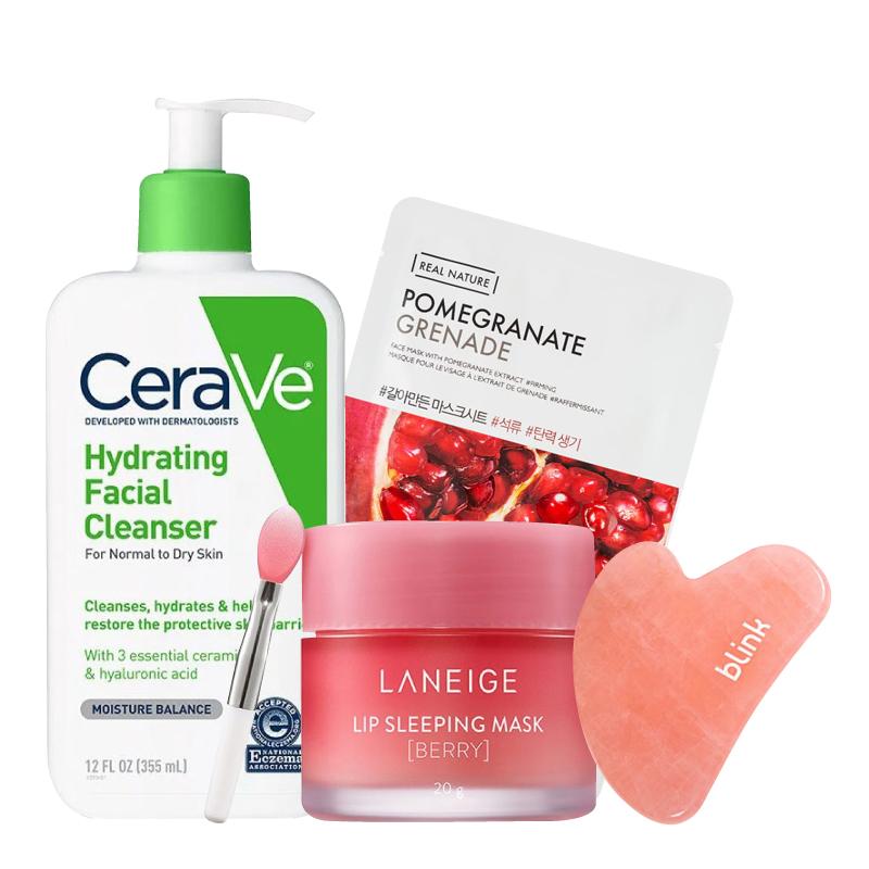 Gift Bundle #25 [Hydrating Facial Cleanser For Normal to Dry Skin 355ml, Real Nature Pomegranate Face Mask, Lip Sleeping Mask Berry, Rose Quartz Guasha]