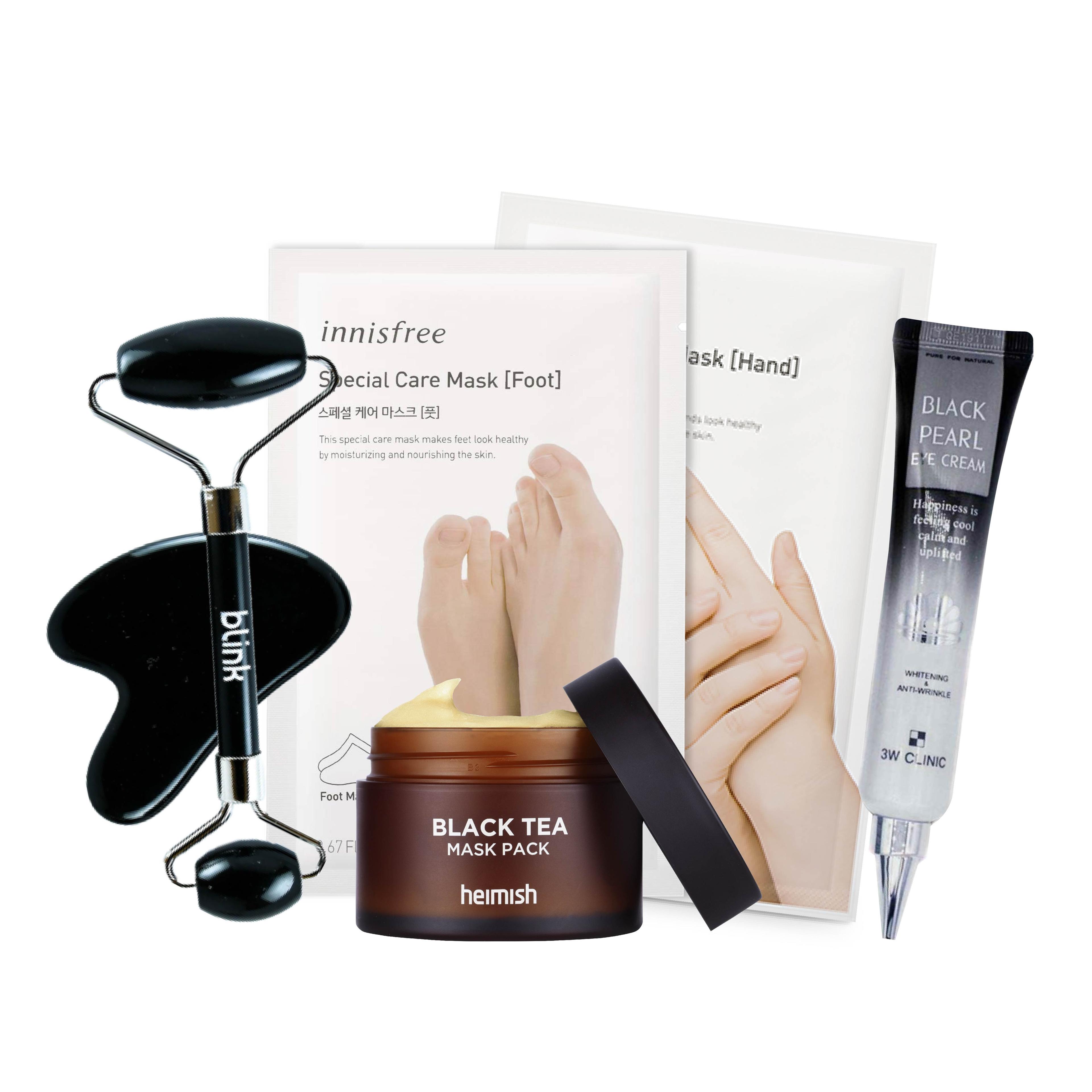 Gift Bundle #11 [Black Obsidian Facial Roller with Gua Sha Set, Special Care Mask [Hand], Special Care Mask [Foot], Black Pearl Eye Cream, Black Tea Mask Pack]
