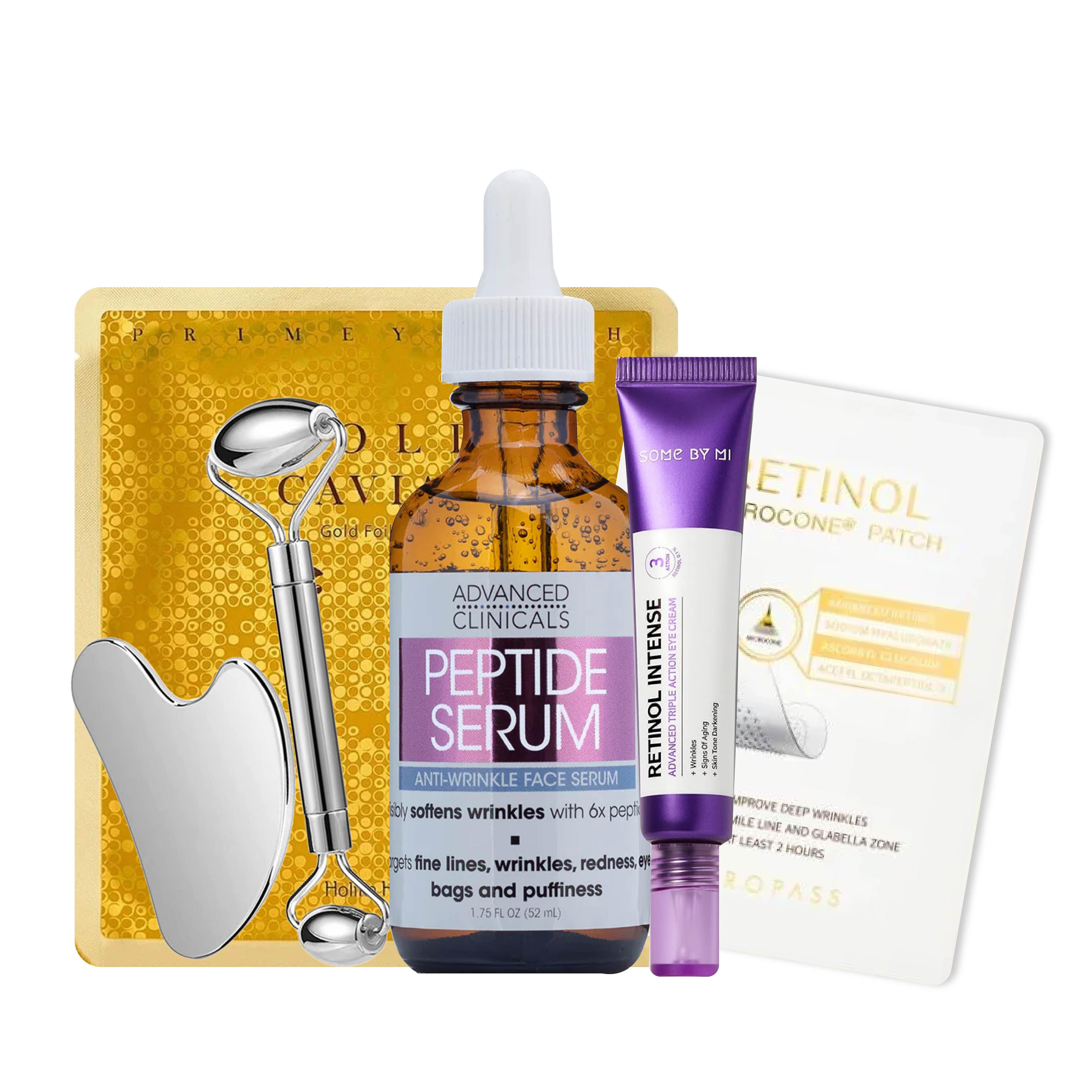 Gift Bundle #10 [Stainless Steel Roller and Gua Sha Anti-aging Facial Massage Gift Set, Retinol Intense Advanced Triple Action Eye Cream, Peptide Anti-wrinkle Face Serum, Prime Youth Gold Caviar Gold