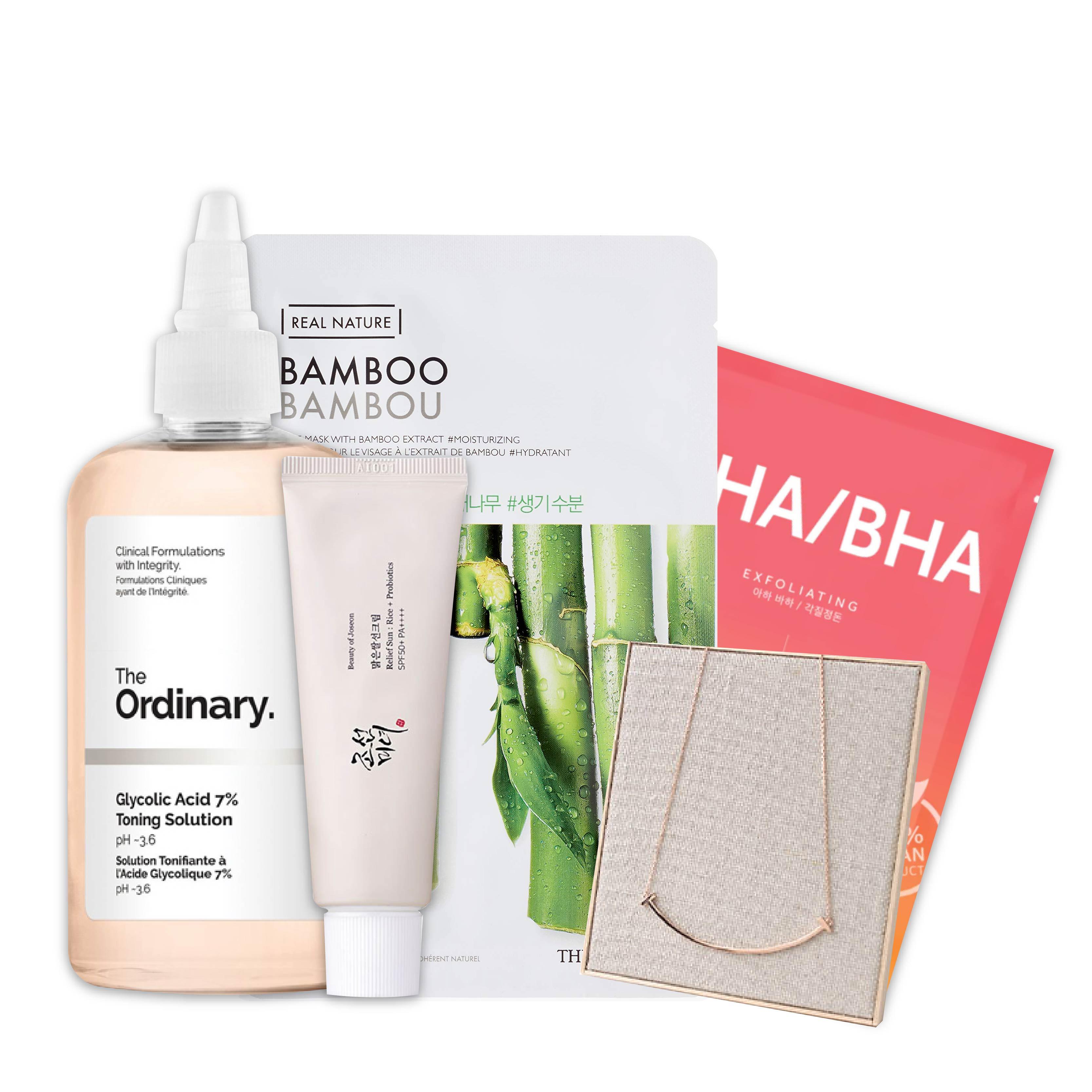 Gift Bundle #24 [Glycolic Acid 7% Toning Solution, Relief Sun: Rice + Probiotics SPF50+ PA++++, Real Nature Bamboo Face Mask, The Clean Vegan Mask - AHA/BHA, 92.5 Silver N-Label Necklace]