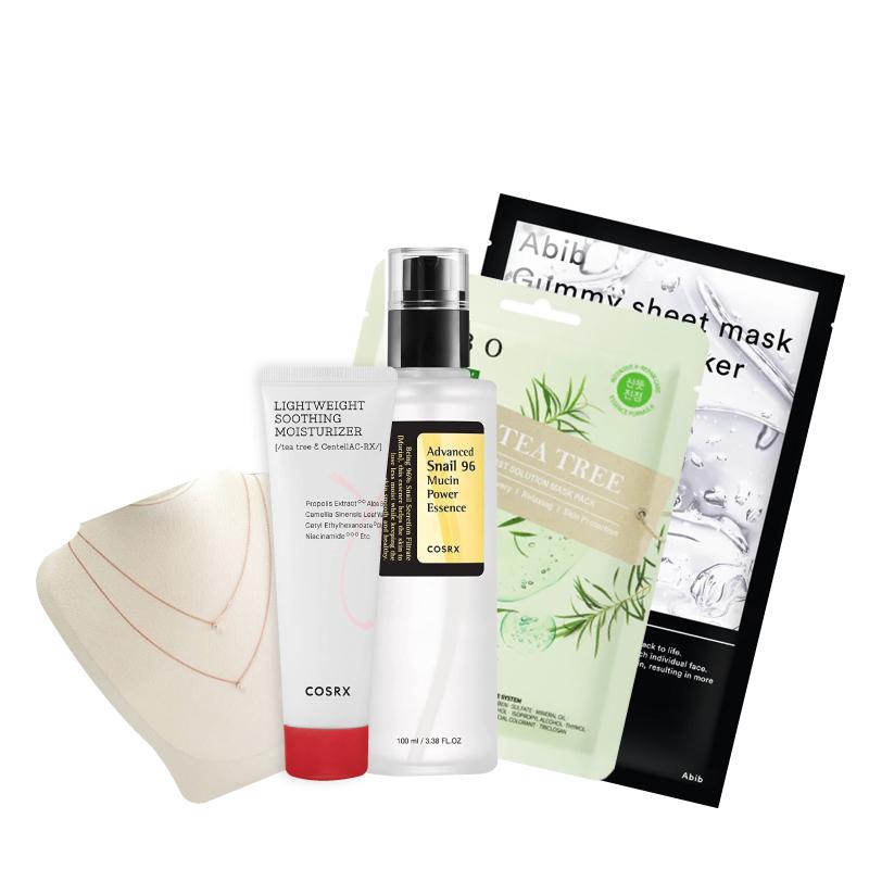 Gift Bundle #28 [92.5 Silver N-Dual Cubic Line Necklace, AC Collection Lightweight Soothing Moisturizer, Advanced Snail 96 Mucin Power Essence, First Solution Mask Pack - TEA TREE, Gummy Sheet Mask He