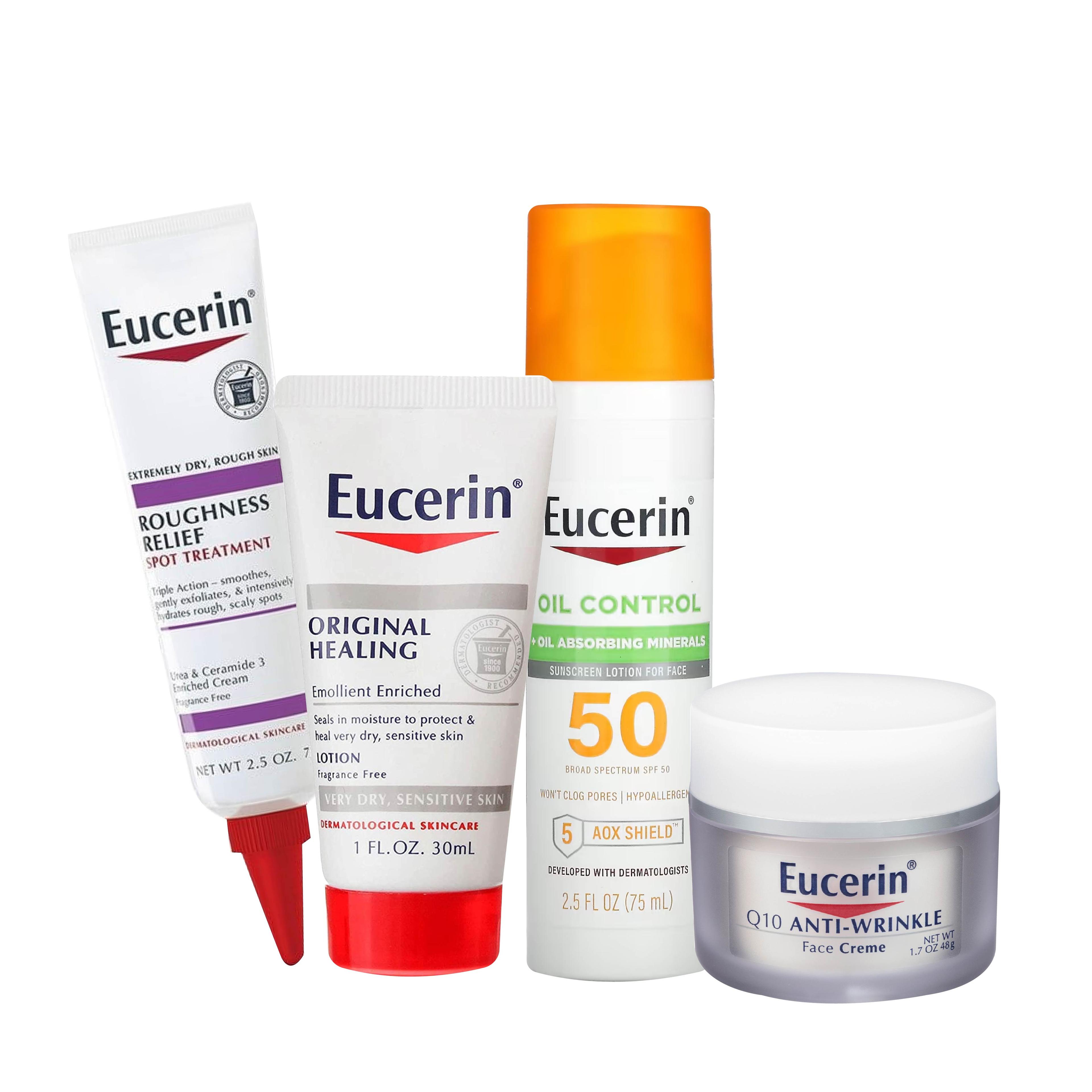 Eucerin 4 pcs Bundle Set [Roughness Relief Spot Treatment + Original Healing Lotion 30ml + Oil Control Lightweight Sunscreen Lotion for Face SPF 50 + Q10 Anti-Wrinkle Face Creme]