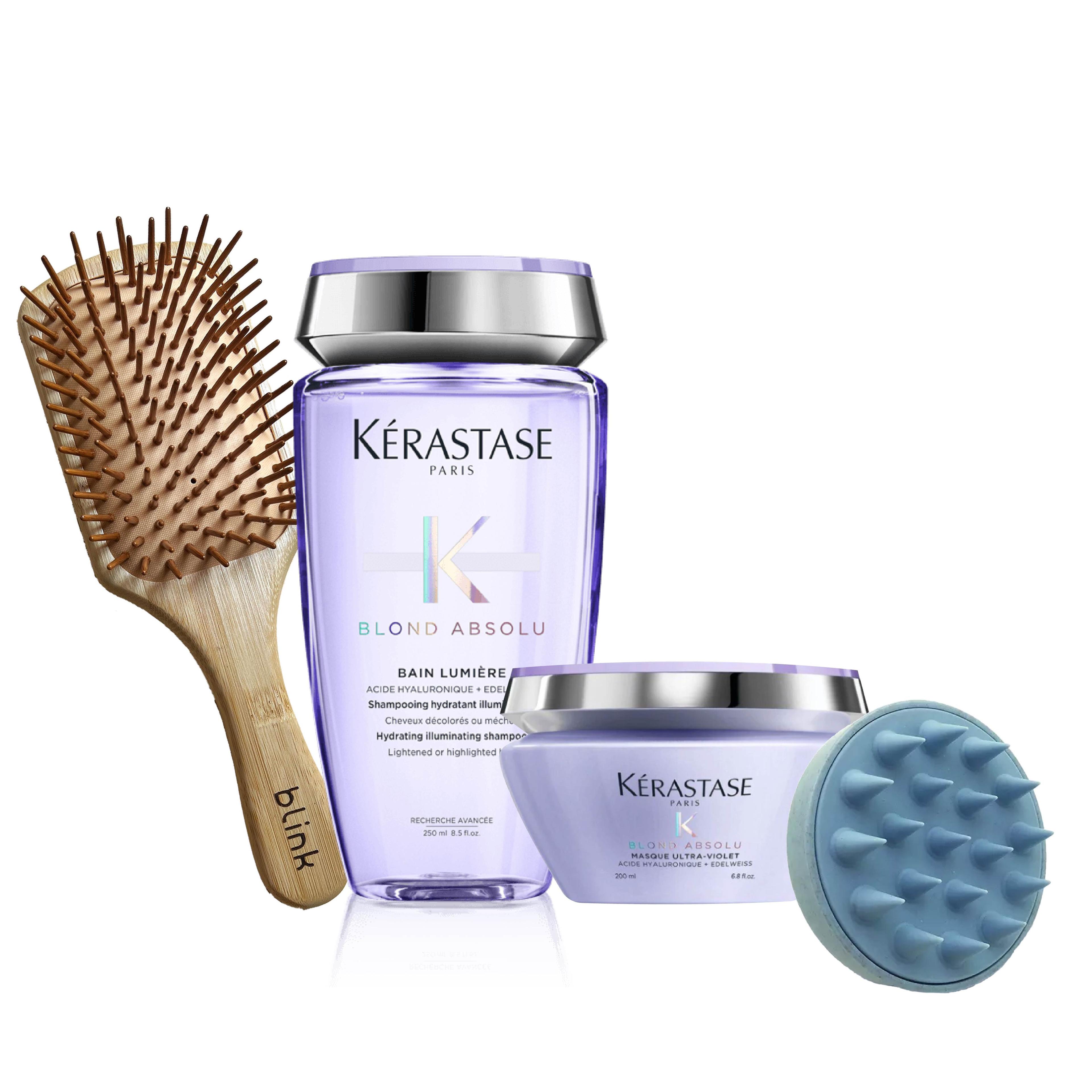 Gift Bundle #16 [Wooden Paddle Brush, Eco Friendly Wheat Straw Hair Scalp Massager Shampoo Brush, Blond Absolu Bain Lumière, Masque Ultra-Violet]