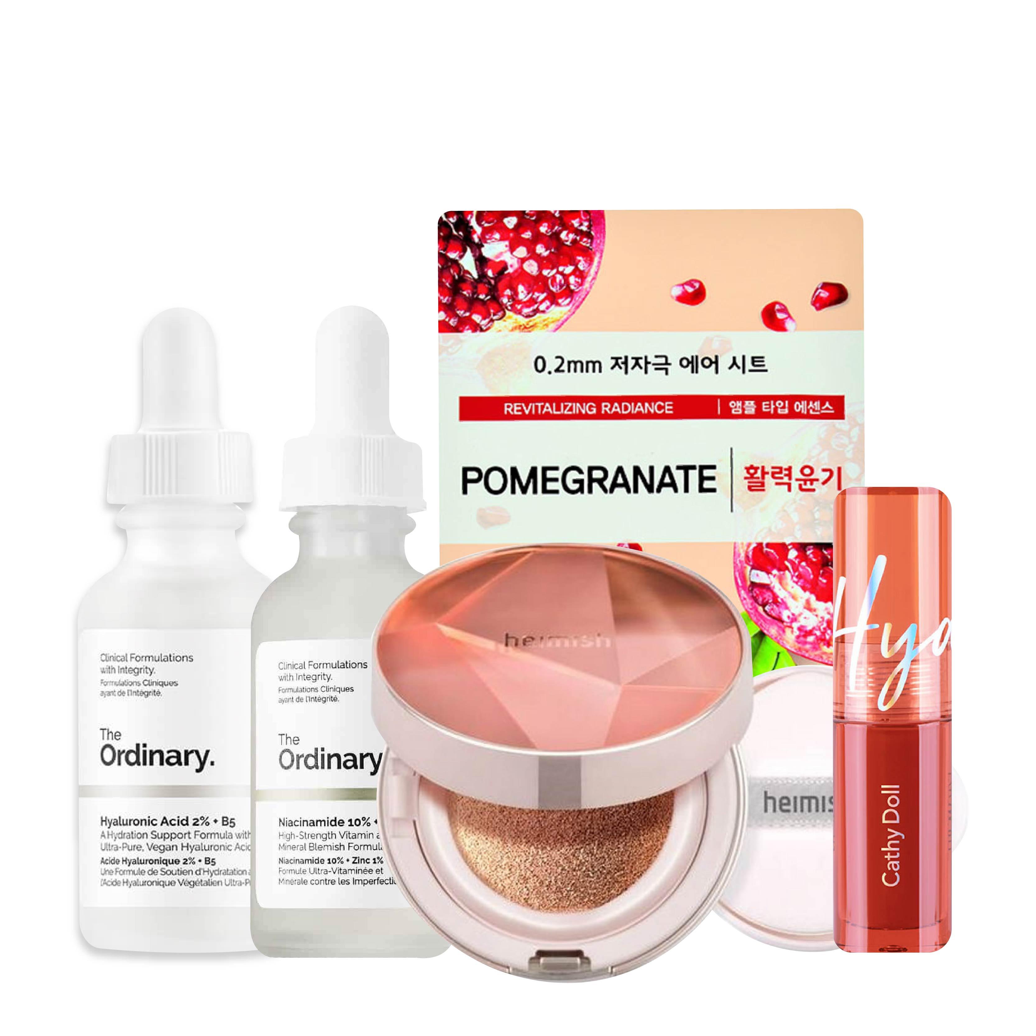 Gift Bundle #31 [Hyaluronic Acid 2% + B5 30ml, Niacinamide 10% + Zinc 1% 30ml, Artless Perfect Cushion SPF50+ PA+++ 23 NATURAL BEIGE, Etude House 0.2 Therapy Air Mask - Pomegranate, Hyaluron Lip Moist
